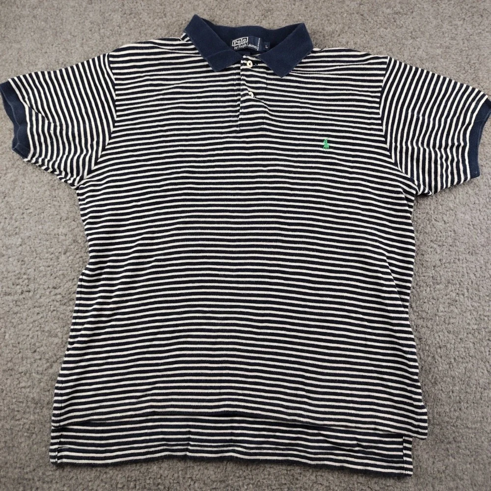VTG Polo Ralph Lauren Shirt Mens Large Blue White Striped Short Sleeve Cotton